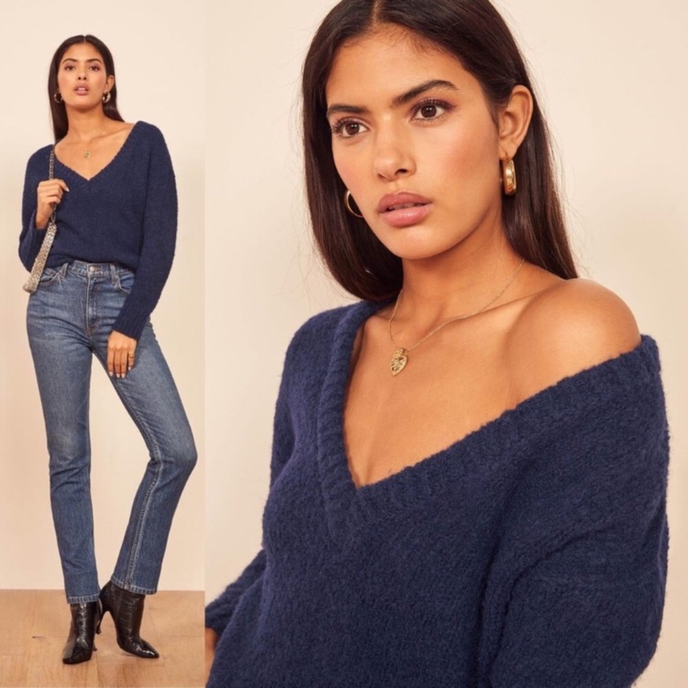 Reformation Amelia Navy Alpaca V-Neck Sweater